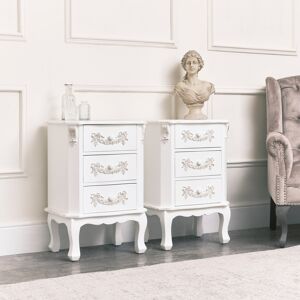 White bedroom furniture, Pair of Antique White 3 Drawer Bedside Table - Pays Blanc Range Material: Wood