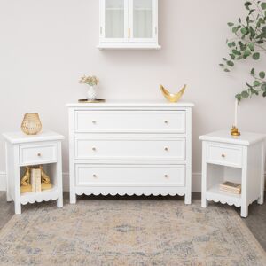 Large Scalloped 3 Drawer Chest of Drawers & Pair of Bedside Tables - Staunton White Range Material: New Products Large Scalloped 3 Drawer Chest of Drawers & Pair of Bedside Tables - Staunton White Range Material: New Products