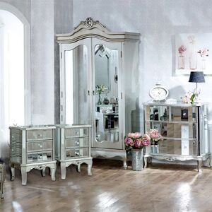 Silver Mirrored Double Wardrobe, Chest of Drawers and Pair of Bedside Tables - Tiffany Range Material: Furniture/Furniture Ranges/Tiffany Range Silver Mirrored Double Wardrobe, Chest of Drawers and Pair of Bedside Tables - Tiffany Range Material: Furniture/Furniture Ranges/Tiffany Range