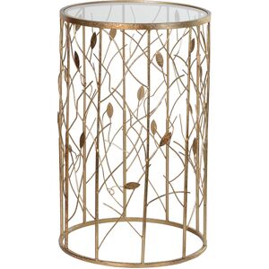 Round Gold Metal & Glass Leaves Detail Side Table Material: Metal, Glass