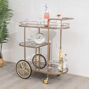 Large Gold Antique Glass Oval Drinks Trolley With Wheels Material: Metal, wood, glass