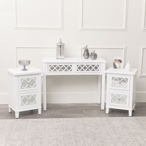 White Mirrored Console Table / Dressing Table & Pair of White Mirrored Bedside Tables - Sabrina White Range Material: Wood, glass, metal