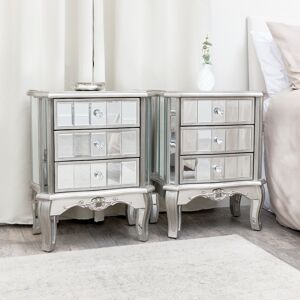 Tiffany Range Mirrored Bedside Tables - Silver, 3 Drawer, Fully Assembled Tiffany Range Mirrored Bedside Tables - Silver, 3 Drawer, Fully Assembled