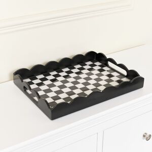 Rectangle Black Monochrome Checked Scalloped Tray Material: Wood