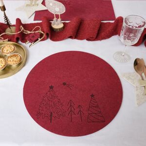 Set of 4 Dark Red Round Felt Placemats with Tree Detail Material: Christmas Set of 4 Dark Red Round Felt Placemats with Tree Detail Material: Christmas