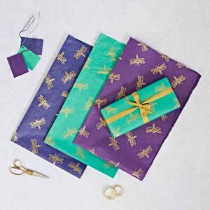 Paper high Pack of 3 Lokta Paper Gift Wrap Sheets with Tags - 3pk Dragonfly