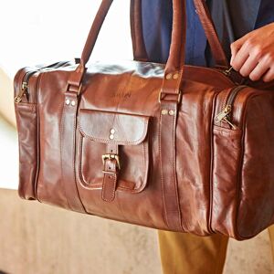 Paper high Personalised Brown Leather Holdall with Zipped Pockets - L