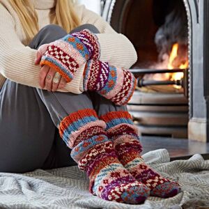 Paper high Woollen Fairisle Handwarmer Gloves & Socks Set - M/L - Orange/Blue/Pink