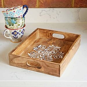 Paper high Floral Carved Natural Mango Wood Tea Tray - S
