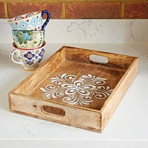 Paper high Floral Carved Natural Mango Wood Tea Tray - L