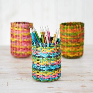 Paper high Round Recycled Newspaper Pencil Holder - Navy/Green/Yellow/Pink/Blue