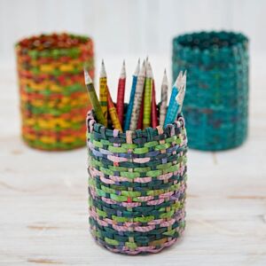 Paper high Round Recycled Newspaper Pencil Holder - Dark Green/Light Green/Lilac