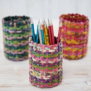 Paper high Round Recycled Newspaper Pencil Holder - Natural/Pink/Green/Purple