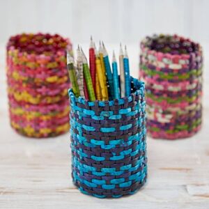 Paper high Round Recycled Newspaper Pencil Holder - Dark Blue/Light Blue