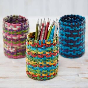 Paper high Round Recycled Newspaper Pencil Holder - Blue/Green/Yellow/Red