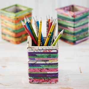 Paper high Square Recycled Newspaper Pencil Holder - Natural/Pink/Green/Purple