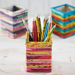 Paper high Square Recycled Newspaper Pencil Holder - Red/Pink/Yellow
