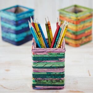 Paper high Square Recycled Newspaper Pencil Holder - Dark Green/Light Green/Lilac