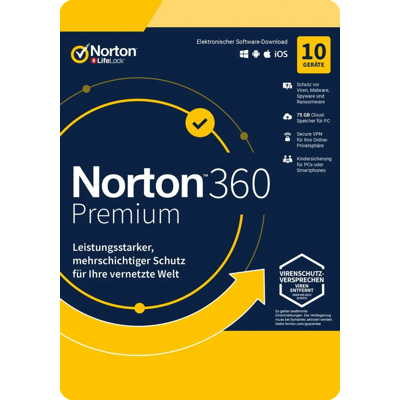 Symantec Norton 360 Premium - 75 GB, 10 Devices, 1 Year Security Software Symantec Norton 360 Premium - 75 GB, 10 Devices, 1 Year Security Software