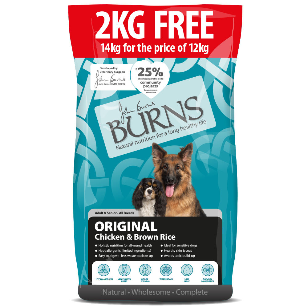 Burns Dry Dog Food - 12kg + 2kg Free ! * - Adult & Senior Original - Chicken & Brown Rice (12kg + 2kg Free!)