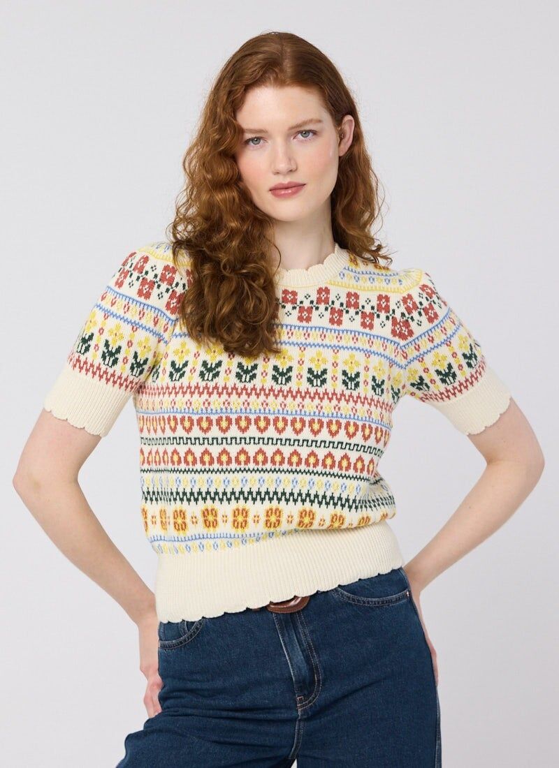 Joanie Clothing Clare Fair Isle Scalloped Short Sleeve Knit - White - Extra Large (UK 20-22) - Sustainable Organic Cotton (Cream)