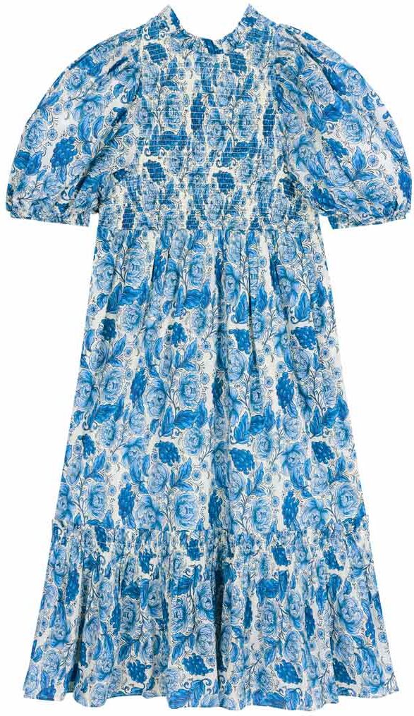 Joanie Clothing Priya Blue Floral Print Puff Sleeve Midi Dress-M (UK 12-14) - Sustainable Organic Cotton (Blue)