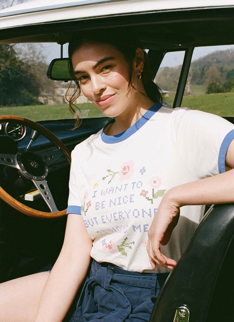 Joanie Clothing Rosie Cross Stitch Slogan Ringer Tee-XXL (UK 24-26) - Sustainable Organic Cotton (Cream)
