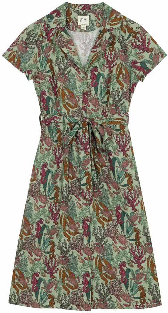 Joanie Clothing Santorini Sea Life Print Belted Midi Dress- UK 22 - Sustainable Organic Cotton (Green)