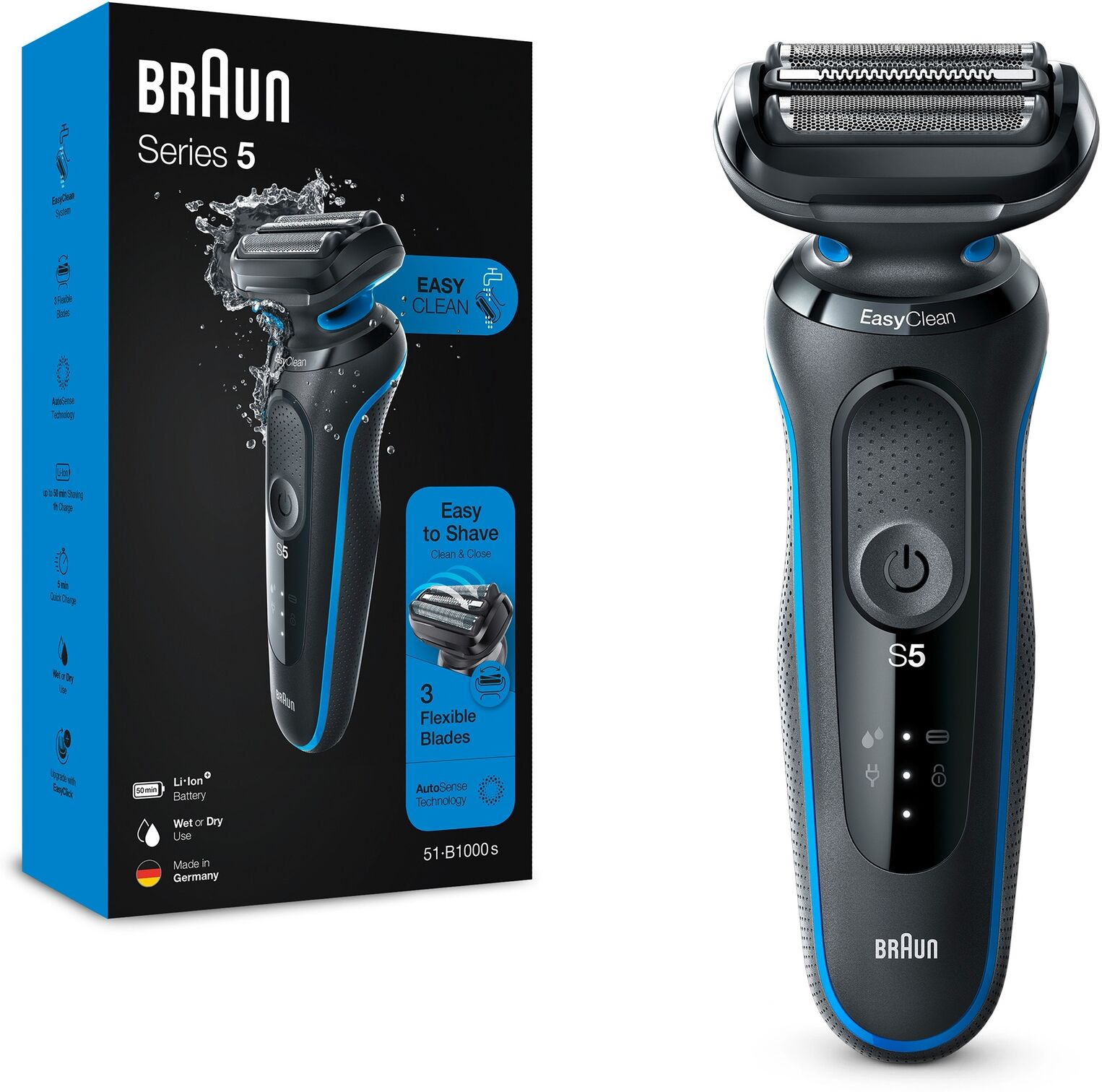 Braun Series 5 51-B1000s Electric Shaver for Men  EasyClean  Wet & Dry  Rechargeable  Cordless Foil Razor  Blue