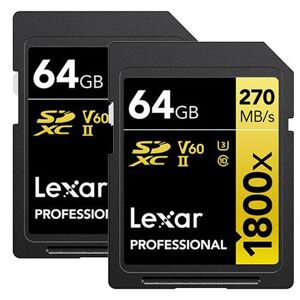 Lexar SDXC Pro Gold Series UHS-II 64GB V60 Memory Card Pack of 2