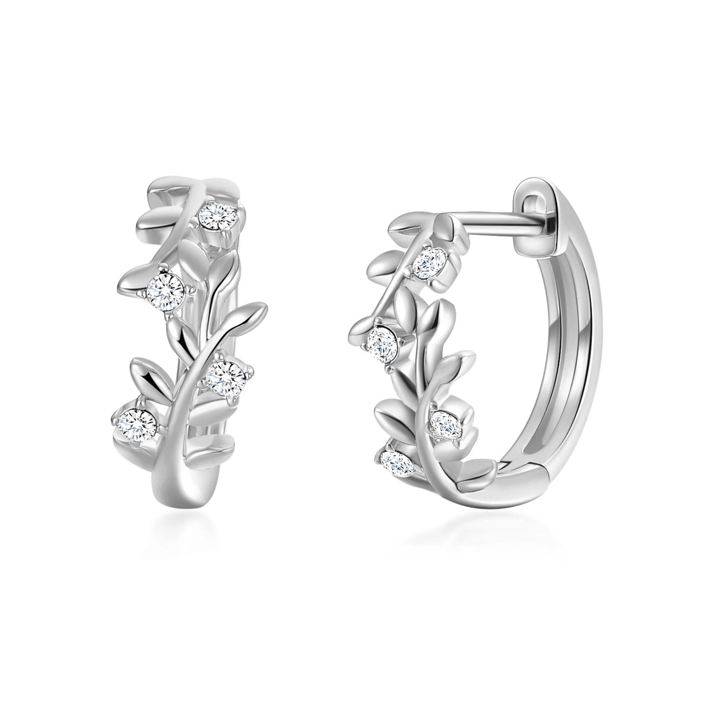Philip Jones Jewellery Silver Plated Leaf Hoop Earrings Created with Zircondia® Crystals