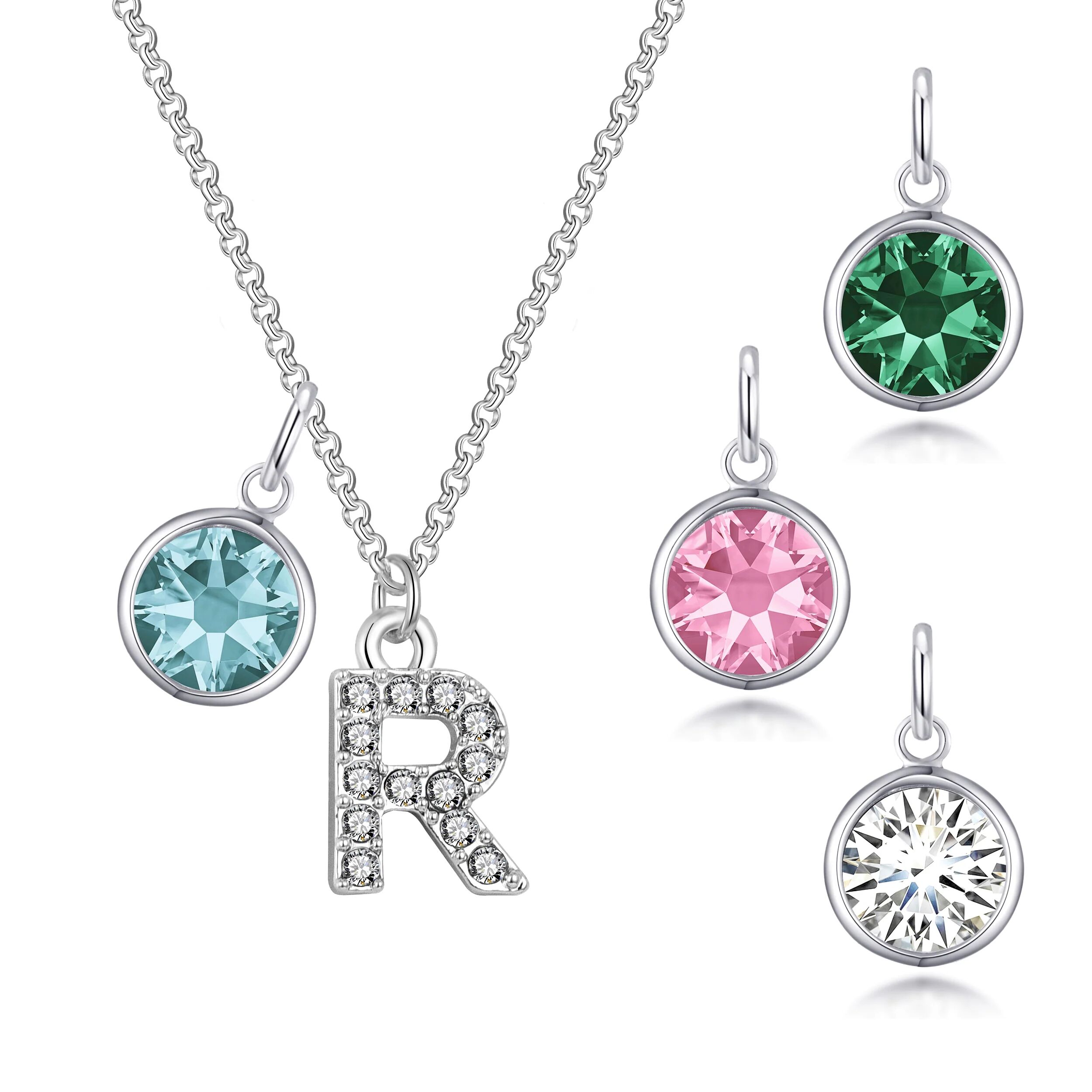 Philip Jones Jewellery Pave Initial R Necklace with Birthstone Charm Created with Zircondia® Crystals