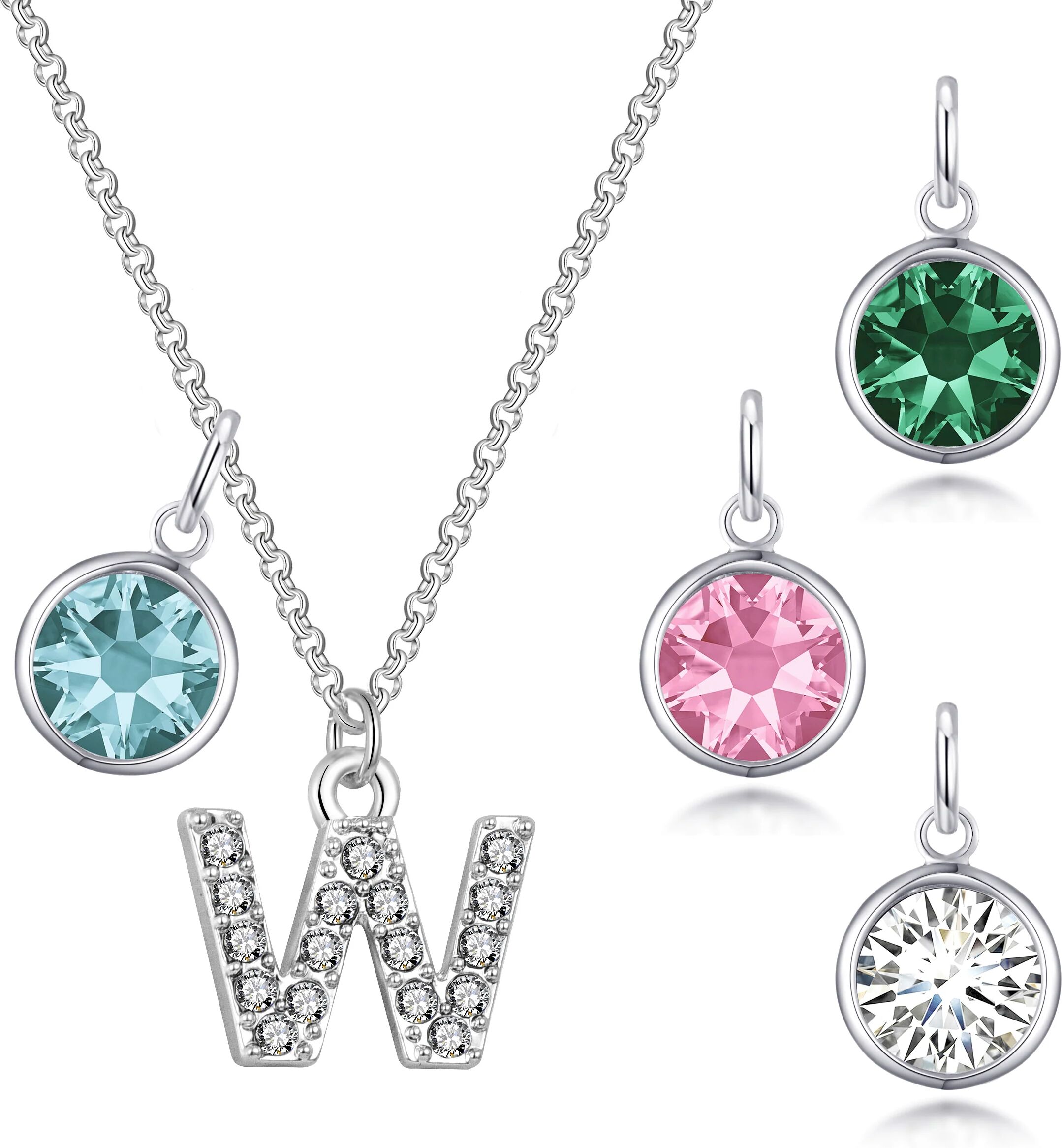 Philip Jones Jewellery Pave Initial W Necklace with Birthstone Charm Created with Zircondia® Crystals