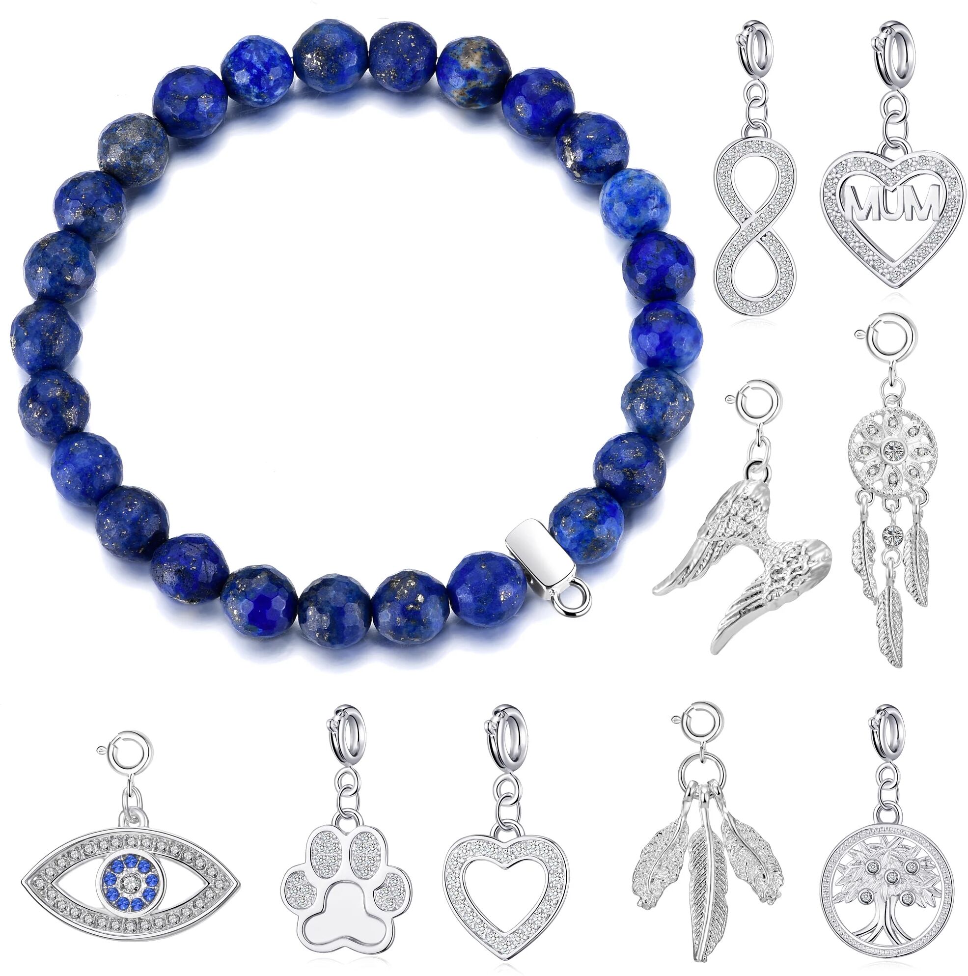 Philip Jones Jewellery Faceted Lapis Gemstone Stretch Bracelet with Charm Created with Zircondia® Crystals