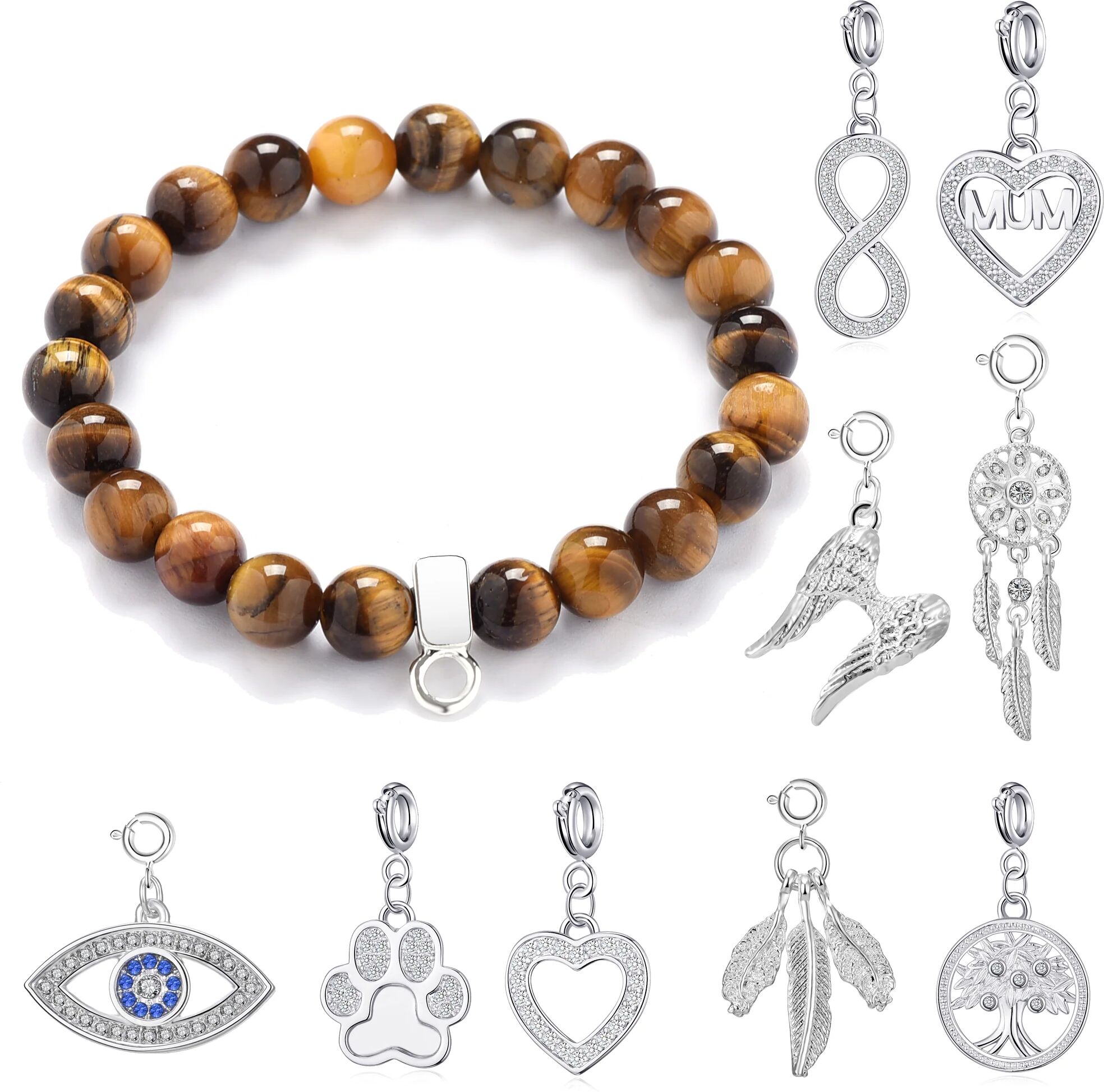 Philip Jones Jewellery Tiger's Eye Gemstone Charm Stretch Bracelet with Charm Created with Zircondia® Crystals