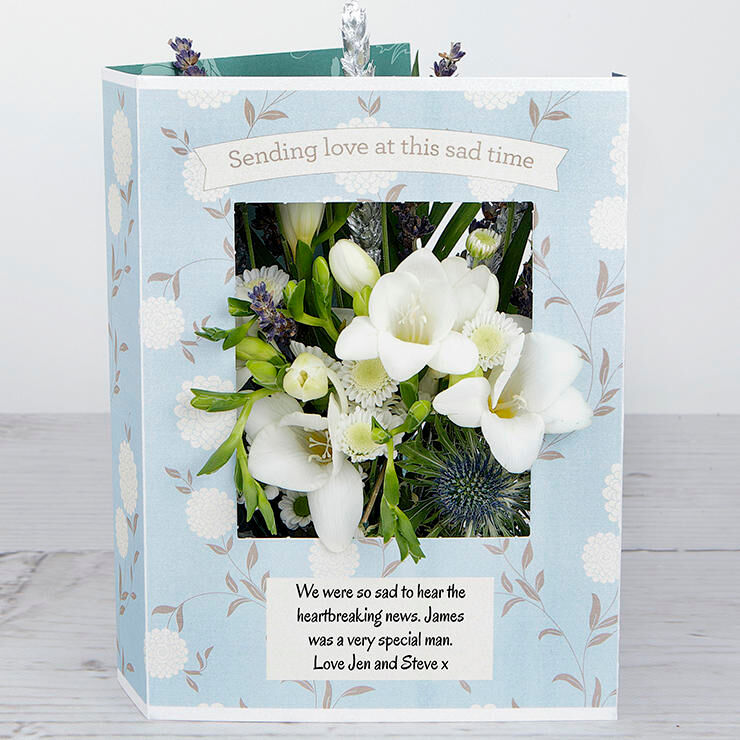 www.flowercard.co.uk Sympathy Flowers with White Freesias, Santini, Sprigs of Lavender, Pittosporum and Silver Wheat