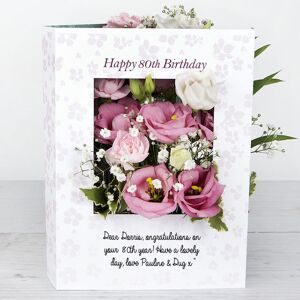 www.flowercard.co.uk 80th Birthday Flowercard with Spray Carnations, Pink Lisianthus, White Gypsophila and Pittosporum