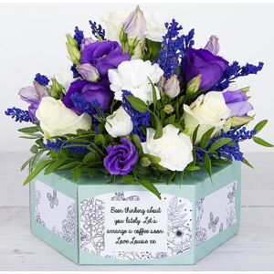 www.flowercard.co.uk Flowerbox with White Roses, Purple Lisianthus, Spray Carnations and Jewels of Pistache