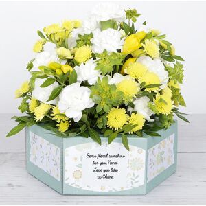 www.flowercard.co.uk Flowerbox with Yellow Freesias, Chrysanthemums, Carnations, Bupleurum and Pretty Pistache