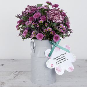 www.flowercard.co.uk Carnations, Chrysanthemums, Lilac Limonium and Fresh Eucalyptus inside Keepsake Flowerchurn