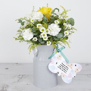 www.flowercard.co.uk Flowerchurn with Yellow Roses, Solidago, Chrysanthemums, Carnations and Eucalyptus