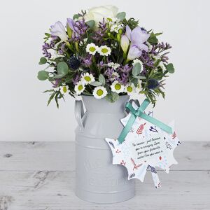 www.flowercard.co.uk Avalanche Roses, Purple Freesias, Lilac Limonium, Fresh Eucalyptus inside with Keepsake Flowerchurn