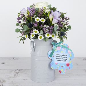 www.flowercard.co.uk Keepsake Flowerchurn with Dutch Avalanche Roses, Purple Freesias, Lilac Limonium and Fresh Eucalyptus Gunnii