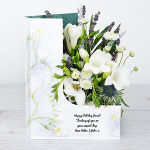 www.flowercard.co.uk Flowercard with White Freesias, Chrysanthemums, White Santini, Sprigs of Lavender and Silver Wheat