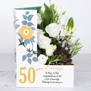 www.flowercard.co.uk 50 Years Of Marriage Celebration Flowercard with White Lisianthus, Berry Jewels, Sprigs of Rosemary and Ornithogalum