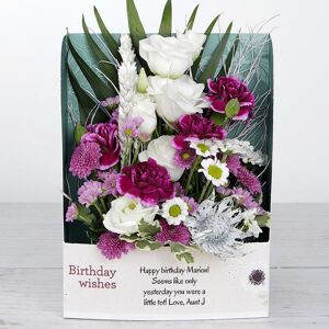 www.flowercard.co.uk Personalised Birthday Flowers with Spray Carnations, Button Santini, Lisianthus, Pink Tree Fern, Pittosporum and Chico leaf