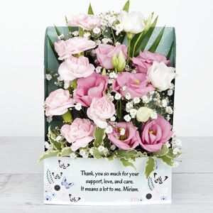 www.flowercard.co.uk Personalised Flowercard with Spray Carnations, Pink Lisianthus, White Gypsophila, Pittosporum and Chico Leaf
