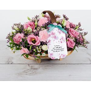 www.flowercard.co.uk Personalised Flower Trug with Cream Wax Flowers, Spray Carnations, Lilac Limonium and Pistache Tree Leaves