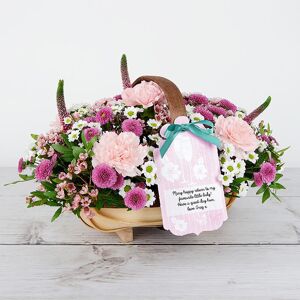 www.flowercard.co.uk Birthday Flower Trug with Pink Wax Flowers, Veronicas, Santini and Carnations