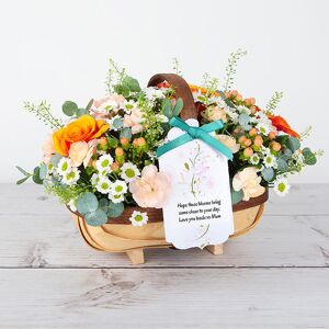 www.flowercard.co.uk Orange Downturn Roses and Peach Spray Carnations Trug